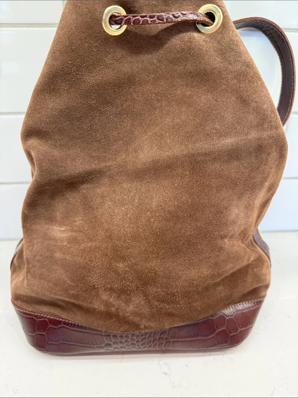 Isadora Brown Suede Drawstring Bucket Bag with Croc-Textured Trim Italy